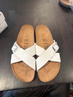 Birki's Santosa White Crisscross Leather Cork Slide Sandals Size 41 NEW